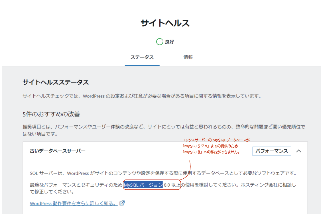 WordPressの『古いデータベースサーバー』警告を解消！Xserverで